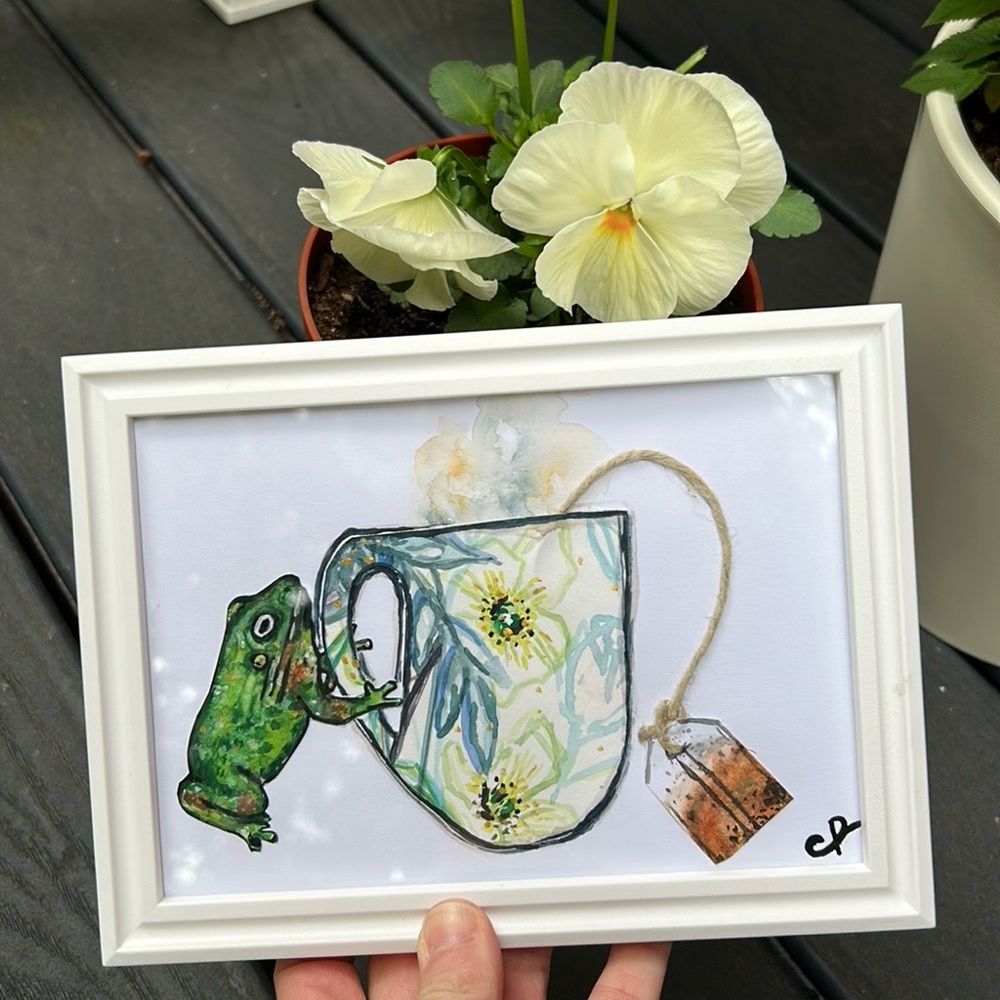 Floral Vase Mixed Media Art with Frog